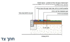 חתך צד - דשא סנטתי, פלטות בלימה, חצץ סומסום/חול, מצעים